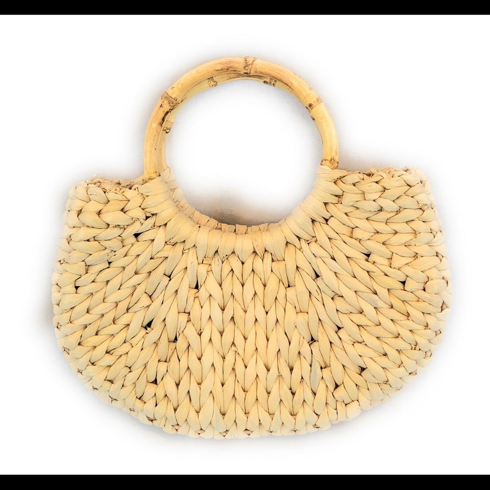 Straw/wicker bag w/bamboo handle w/removable pouch - Picture 7 of 8